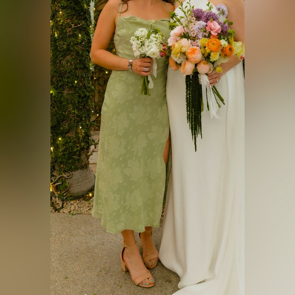 Green Satin Floral Midi Dress